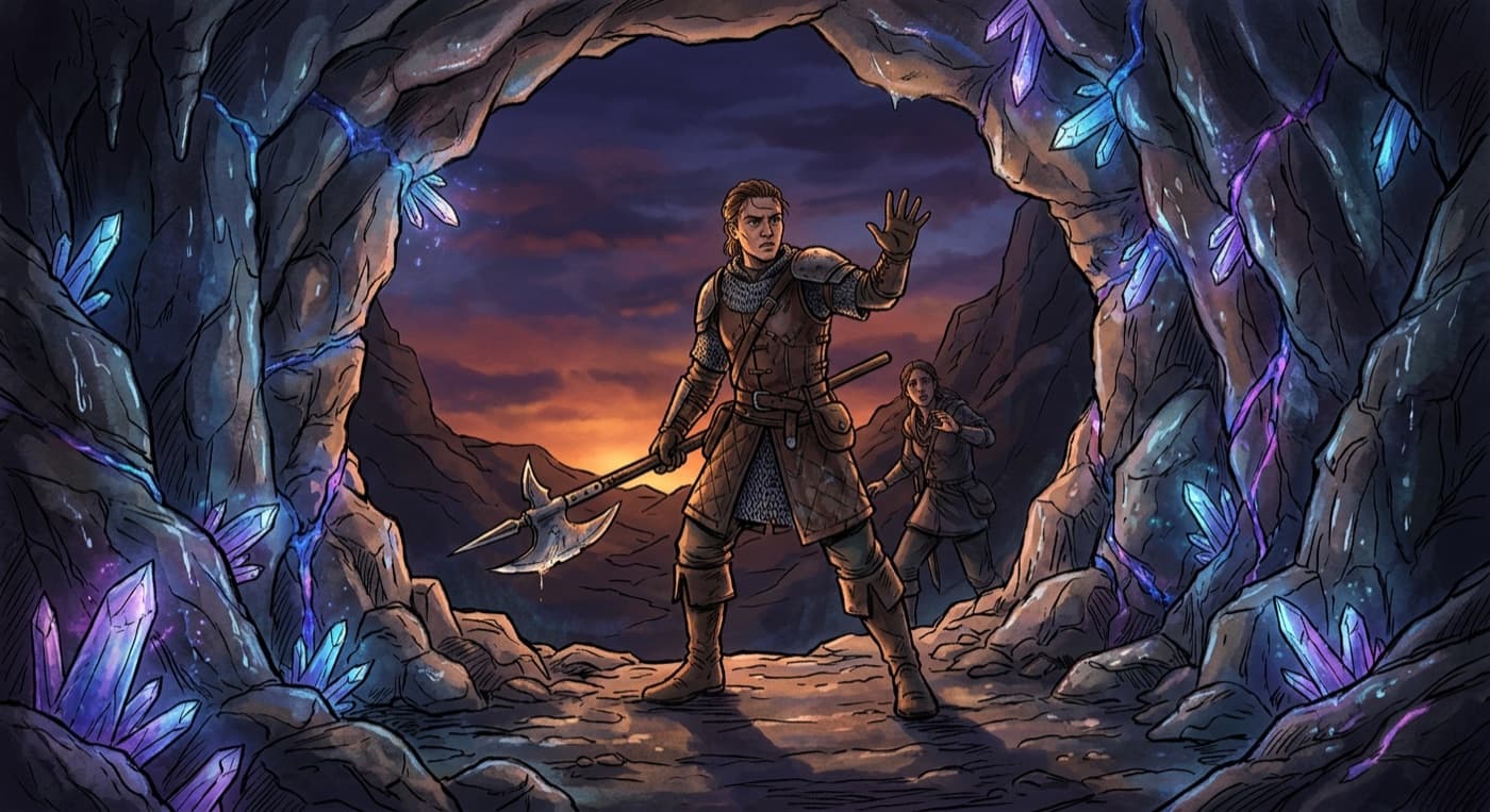 A halberdier at the mouth of a crystal-veined cave at dusk, warning a companion back.